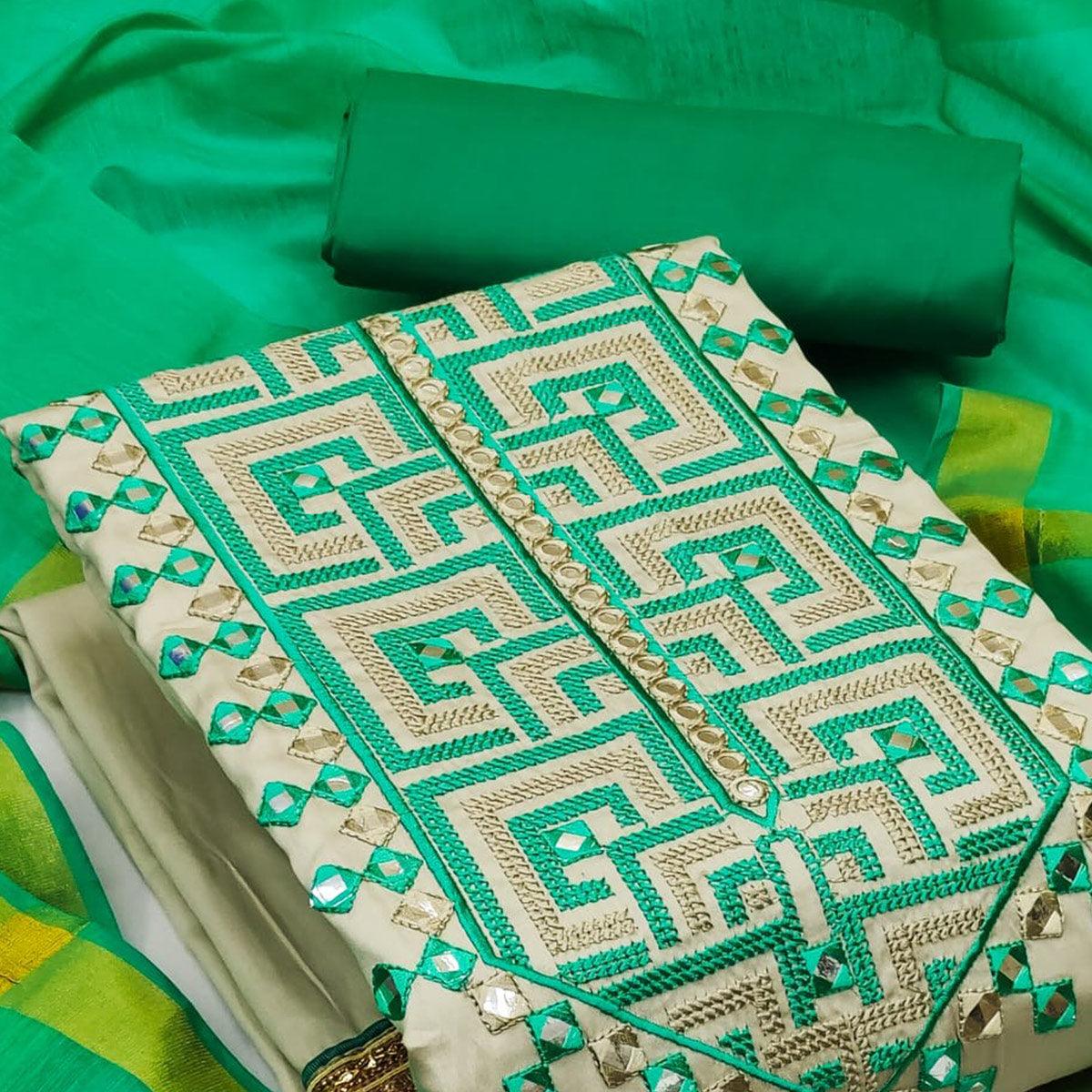 Grey With Rama Green Embroidered Cotton Blend Dress Material