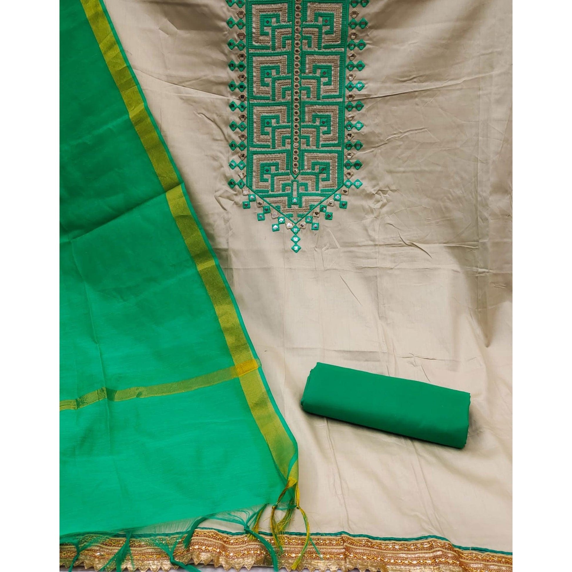 Grey With Rama Green Embroidered Cotton Blend Dress Material