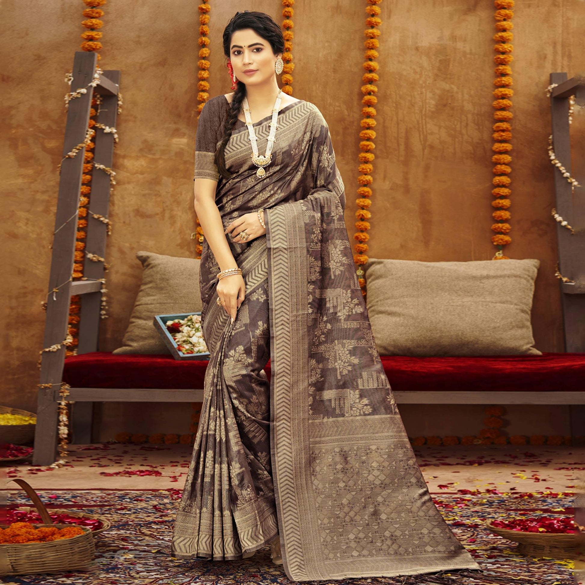 Grey Woven Art Silk Saree