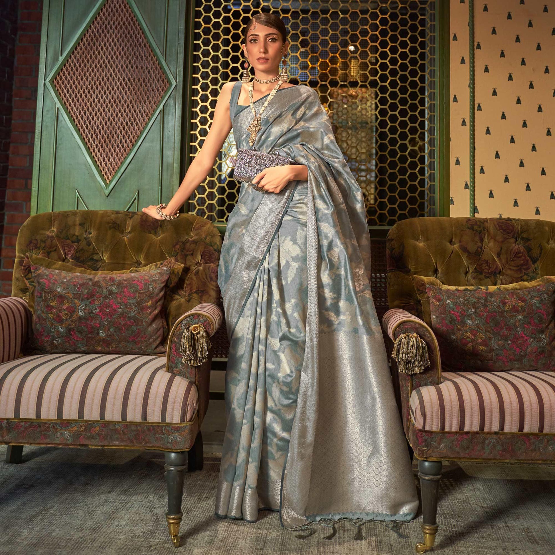 Grey Woven Art Silk Saree