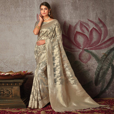 Grey Woven Art Silk Saree With Tassels
