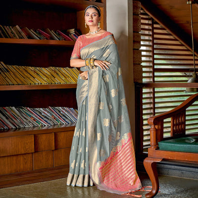 Grey Woven Art Silk Saree With Tassels