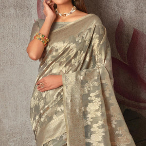 Grey Woven Art Silk Saree With Tassels