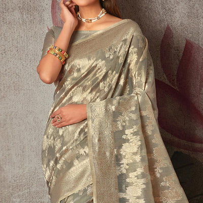Grey Woven Art Silk Saree With Tassels
