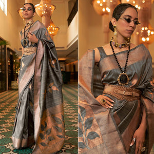 Grey Woven Art Silk Saree With Tassels