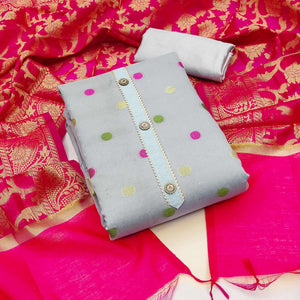 Grey Woven Banarasi Silk Dress Material