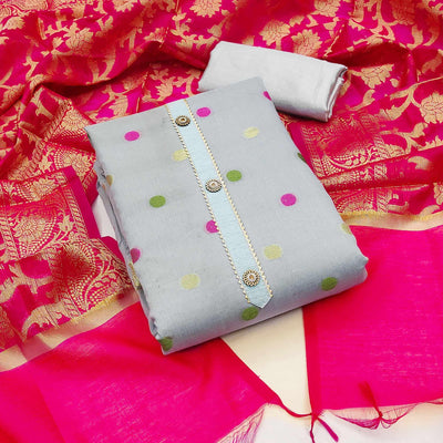 Grey Woven Banarasi Silk Dress Material