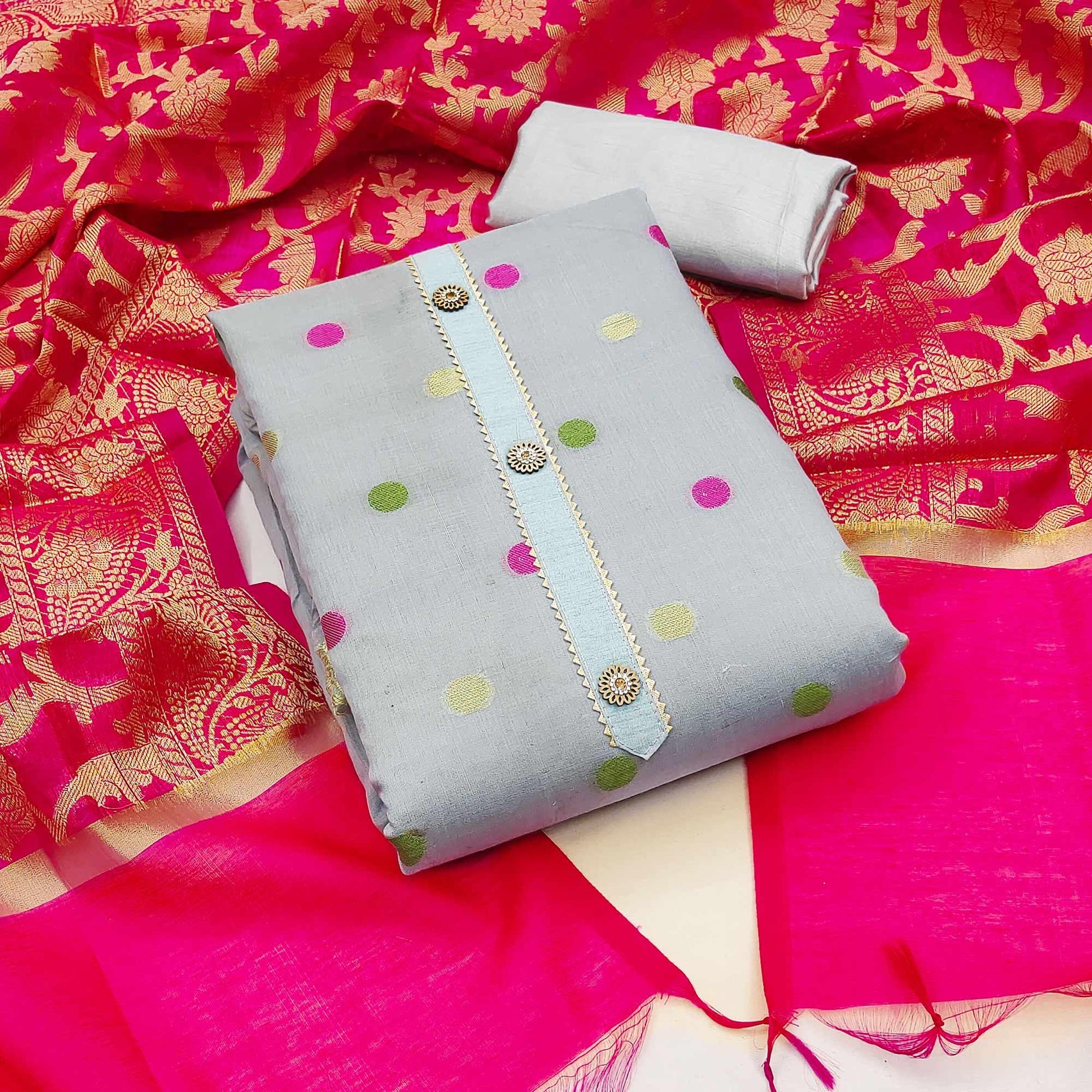 Grey Woven Banarasi Silk Dress Material