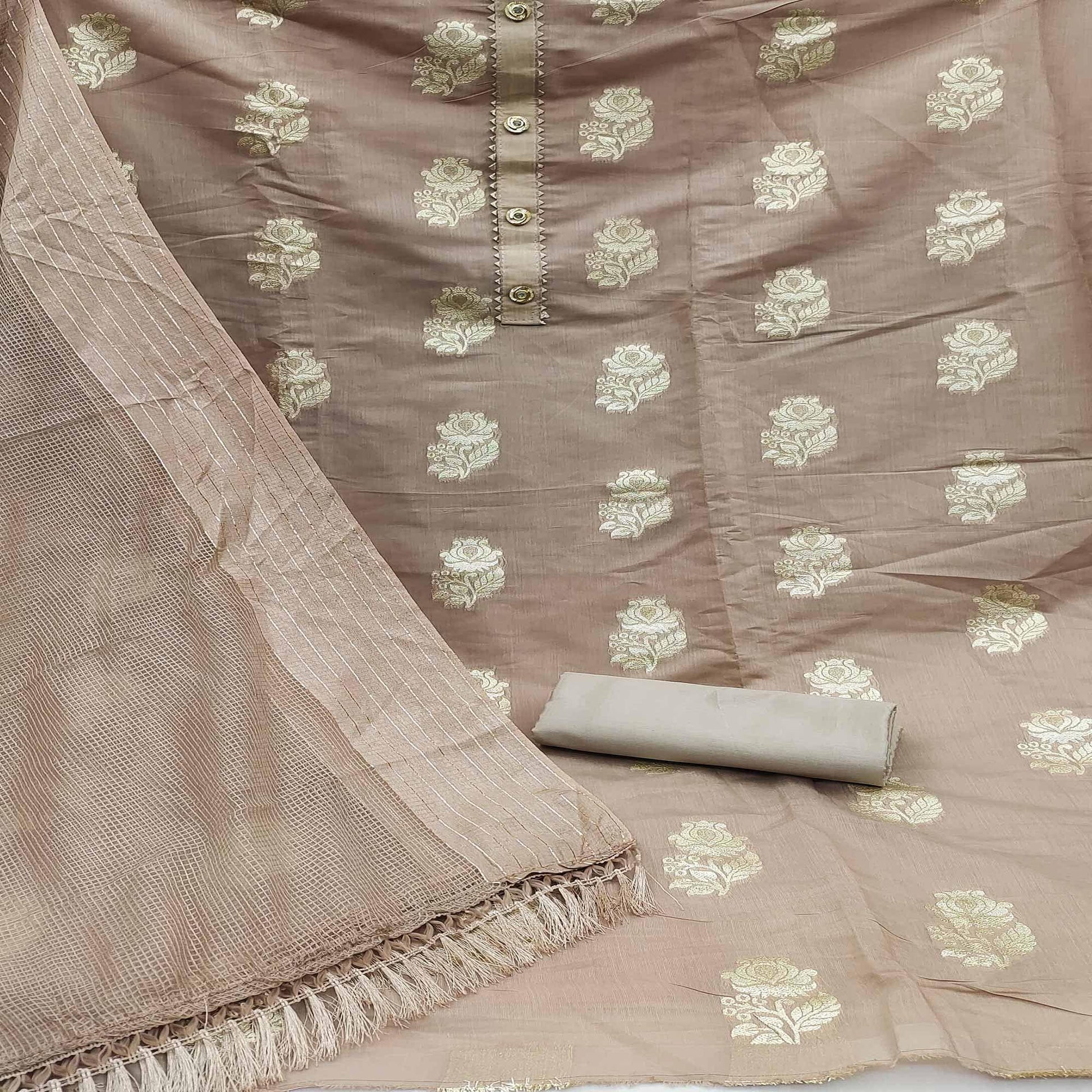 Grey Woven Banarasi Silk Dress Material
