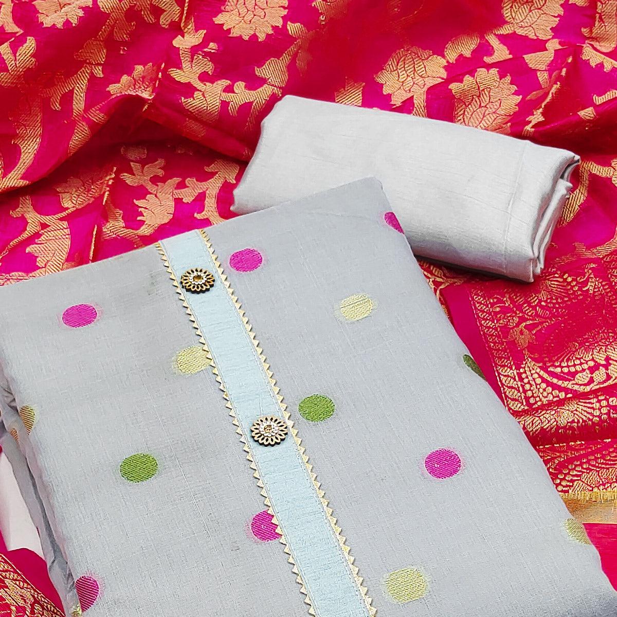 Grey Woven Banarasi Silk Dress Material