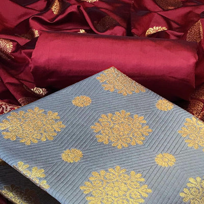 Grey Woven Banarasi Silk Dress Material