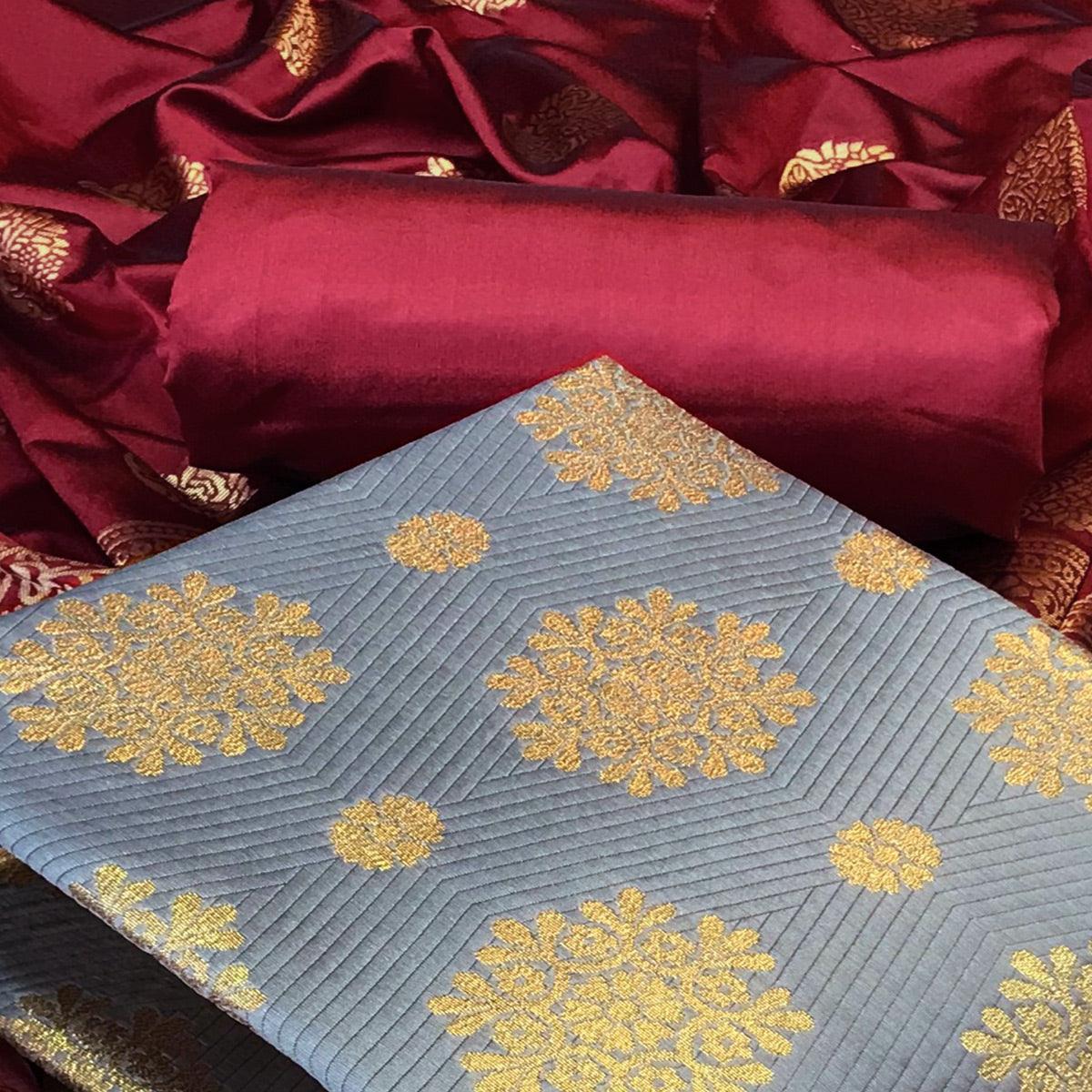 Grey Woven Banarasi Silk Dress Material