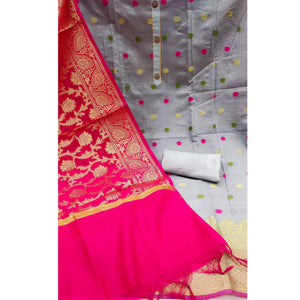Grey Woven Banarasi Silk Dress Material