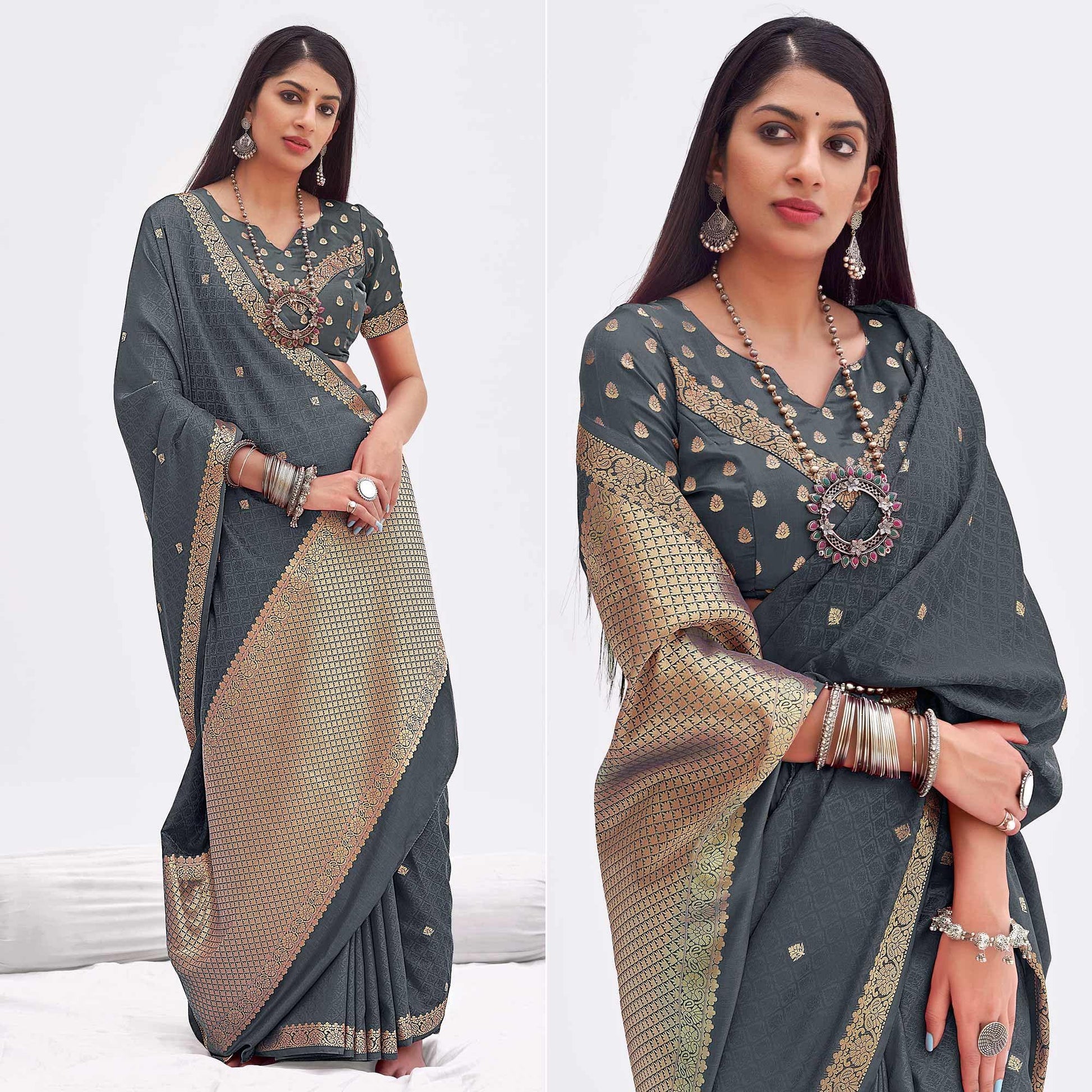 Grey Woven Banarasi Silk Saree