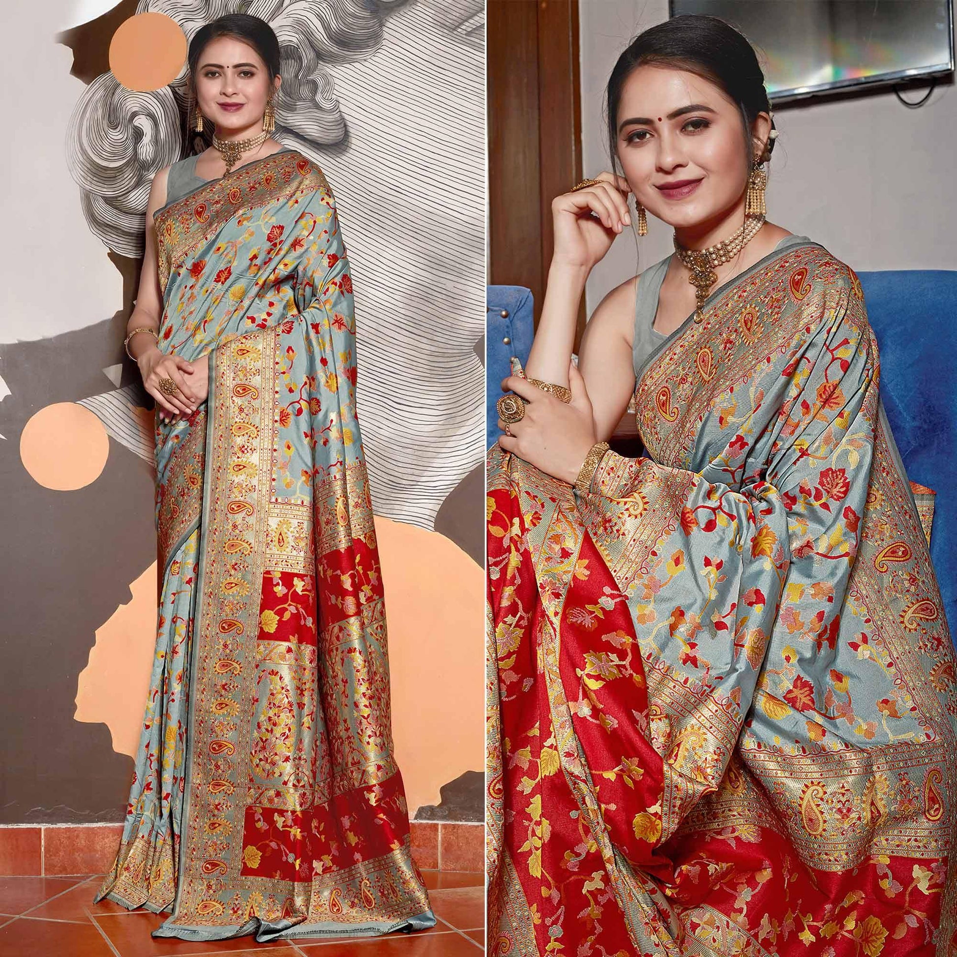 Grey Woven Banarasi Silk Saree