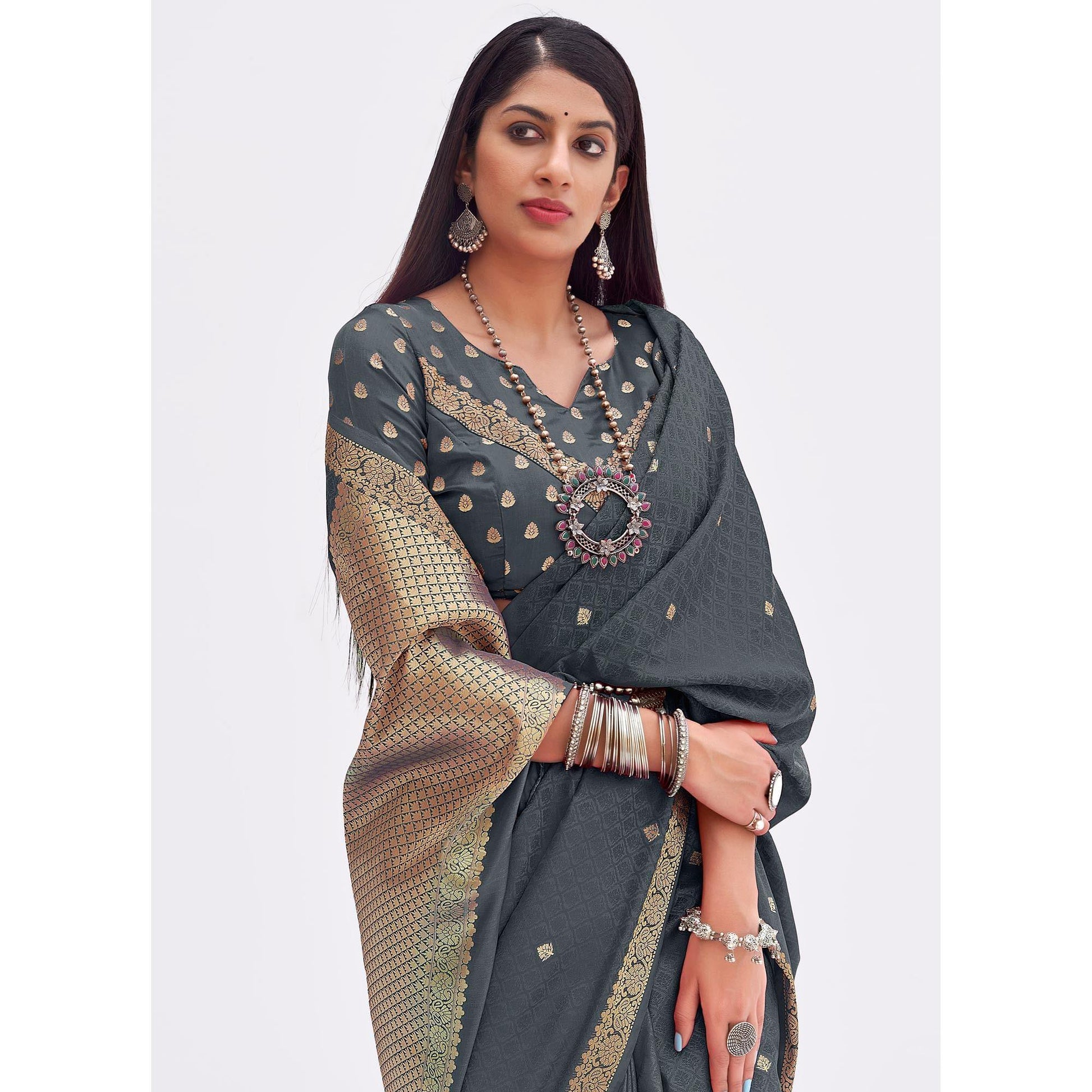 Grey Woven Banarasi Silk Saree