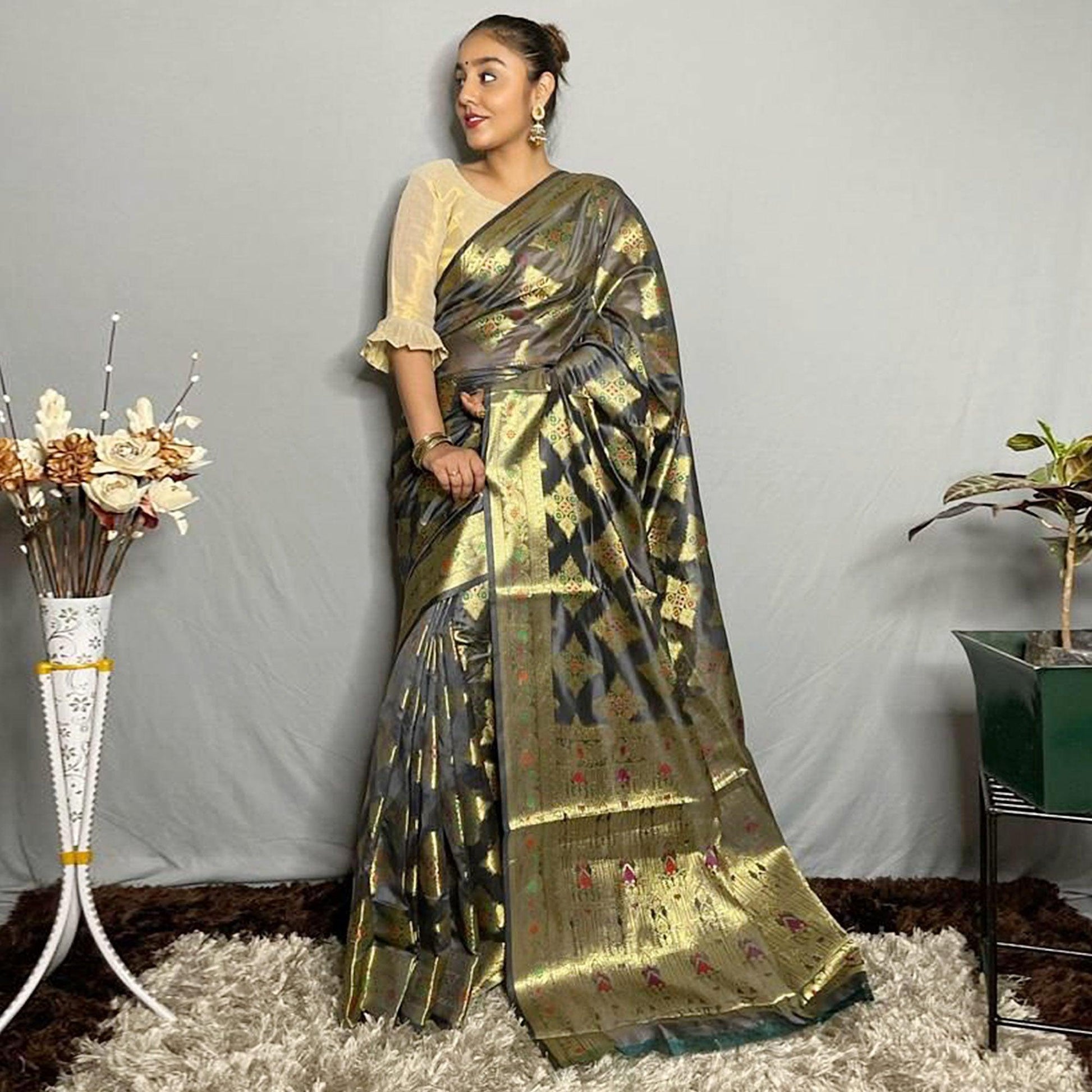 Grey Woven Banarasi Silk Saree