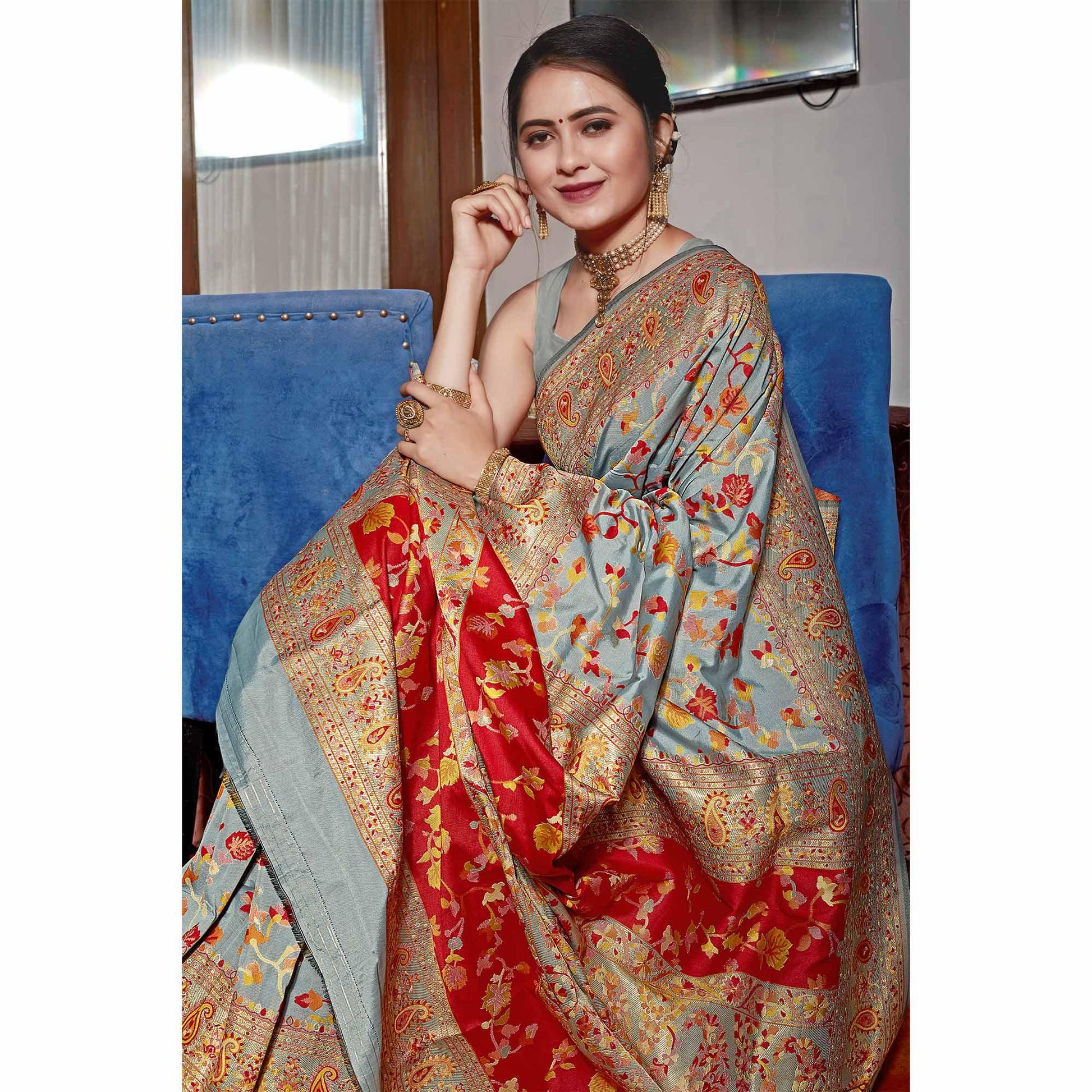 Grey Woven Banarasi Silk Saree