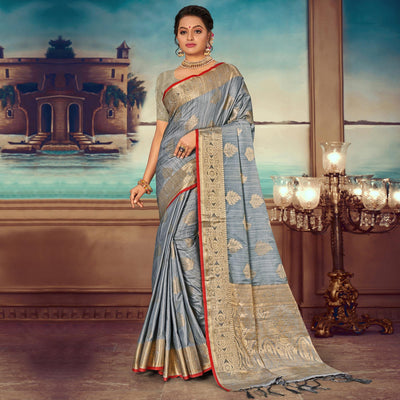 Grey Woven Banarasi Silk Saree With Tassels