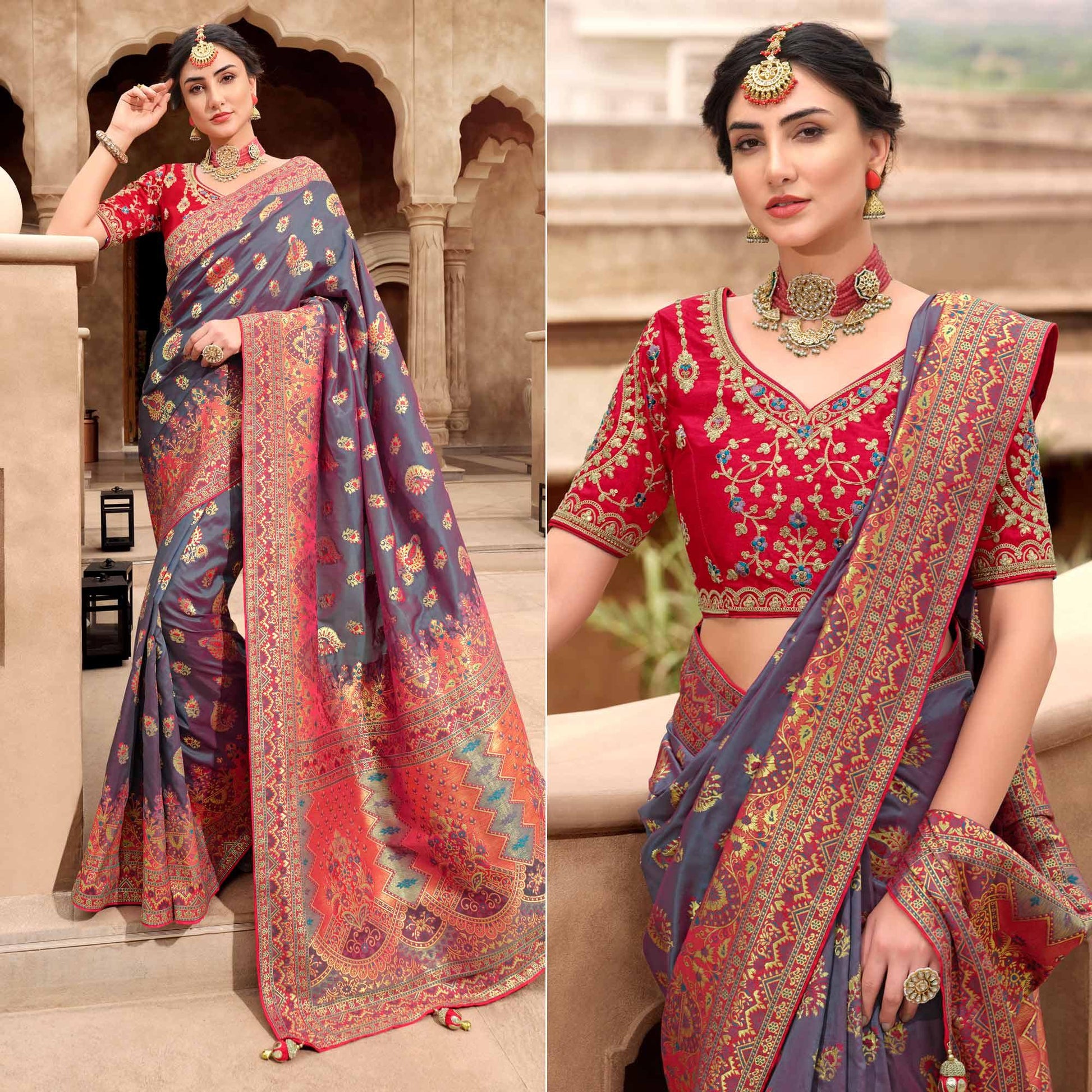 Grey Woven Banarasi Silk Saree With Tassels