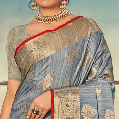 Grey Woven Banarasi Silk Saree With Tassels