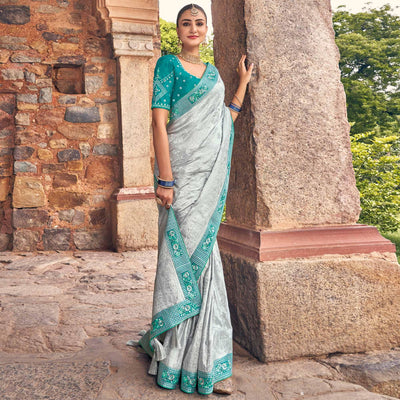 Grey Woven Banarasi Silk Saree With Tassels