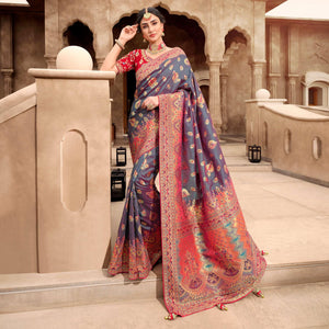 Grey Woven Banarasi Silk Saree With Tassels