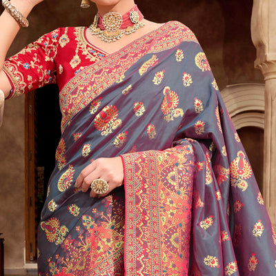 Grey Woven Banarasi Silk Saree With Tassels