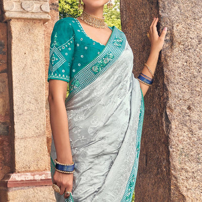 Grey Woven Banarasi Silk Saree With Tassels