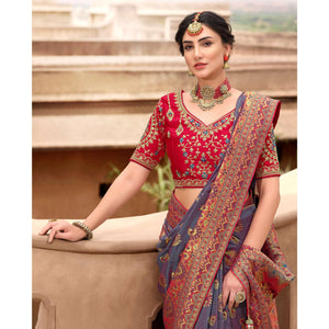 Grey Woven Banarasi Silk Saree With Tassels