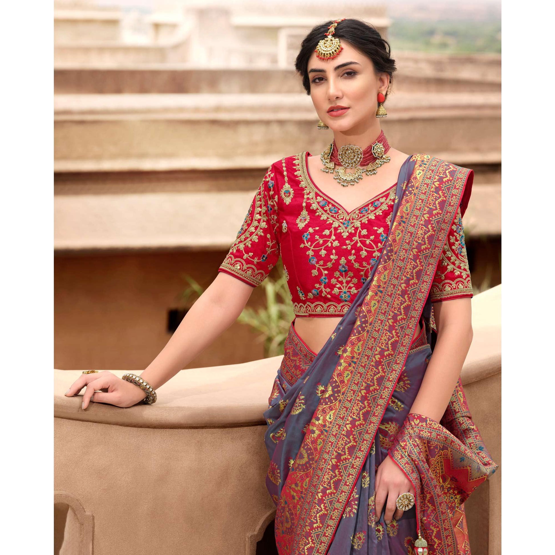 Grey Woven Banarasi Silk Saree With Tassels