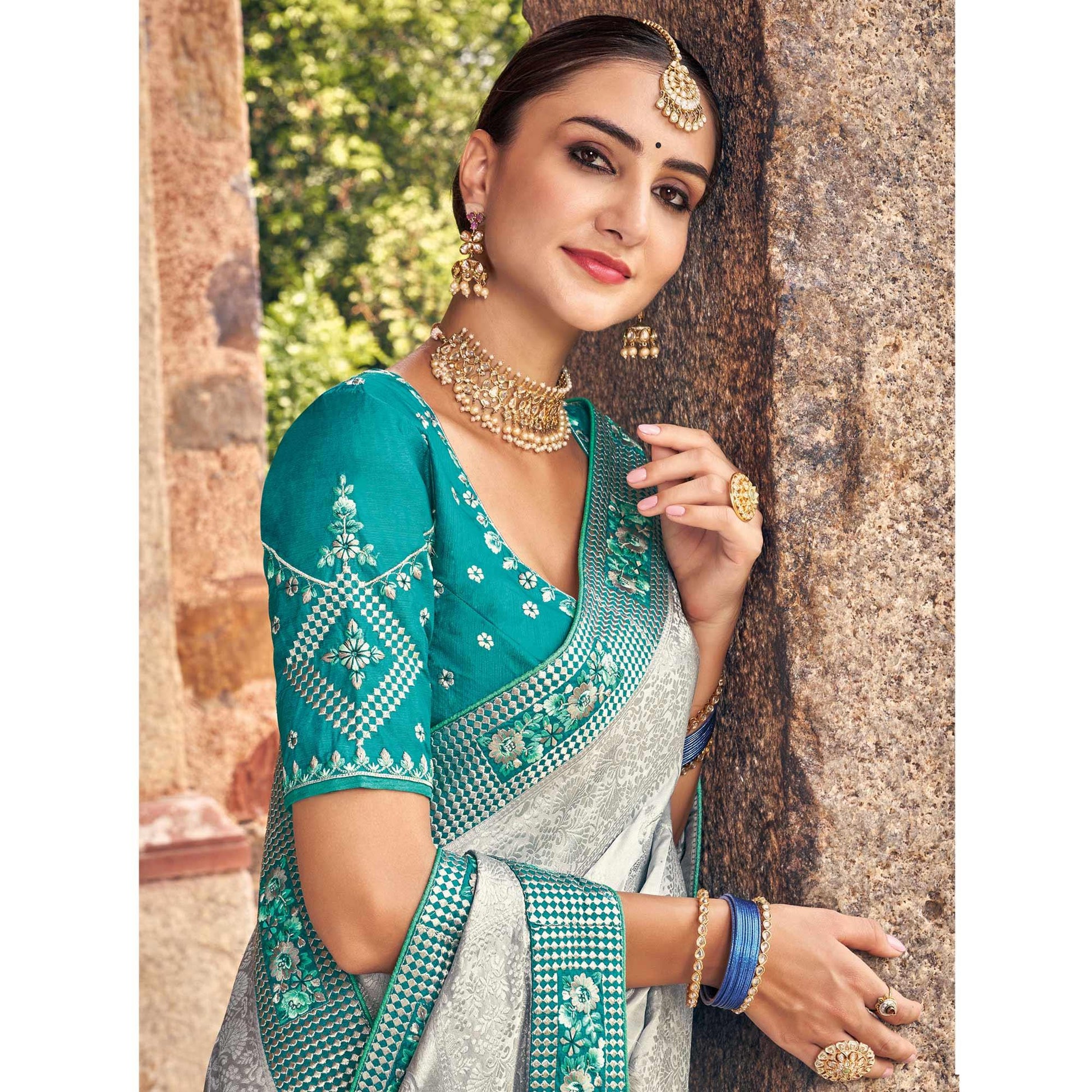 Grey Woven Banarasi Silk Saree With Tassels