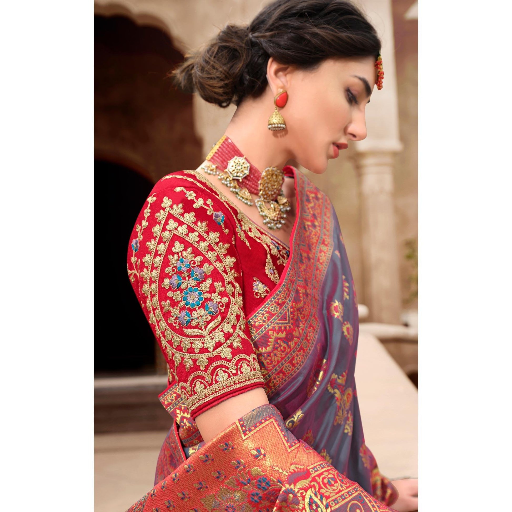 Grey Woven Banarasi Silk Saree With Tassels