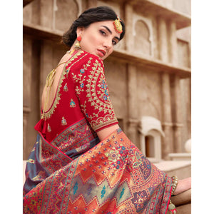 Grey Woven Banarasi Silk Saree With Tassels