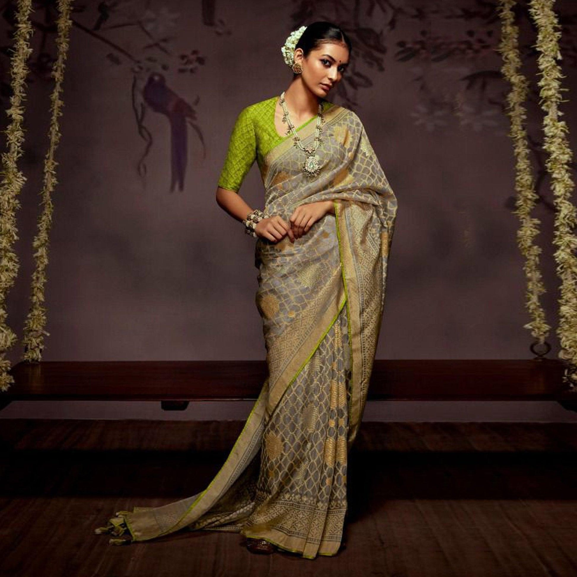 Grey Woven Brasso Saree With Tassels