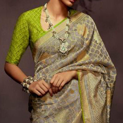 Grey Woven Brasso Saree With Tassels