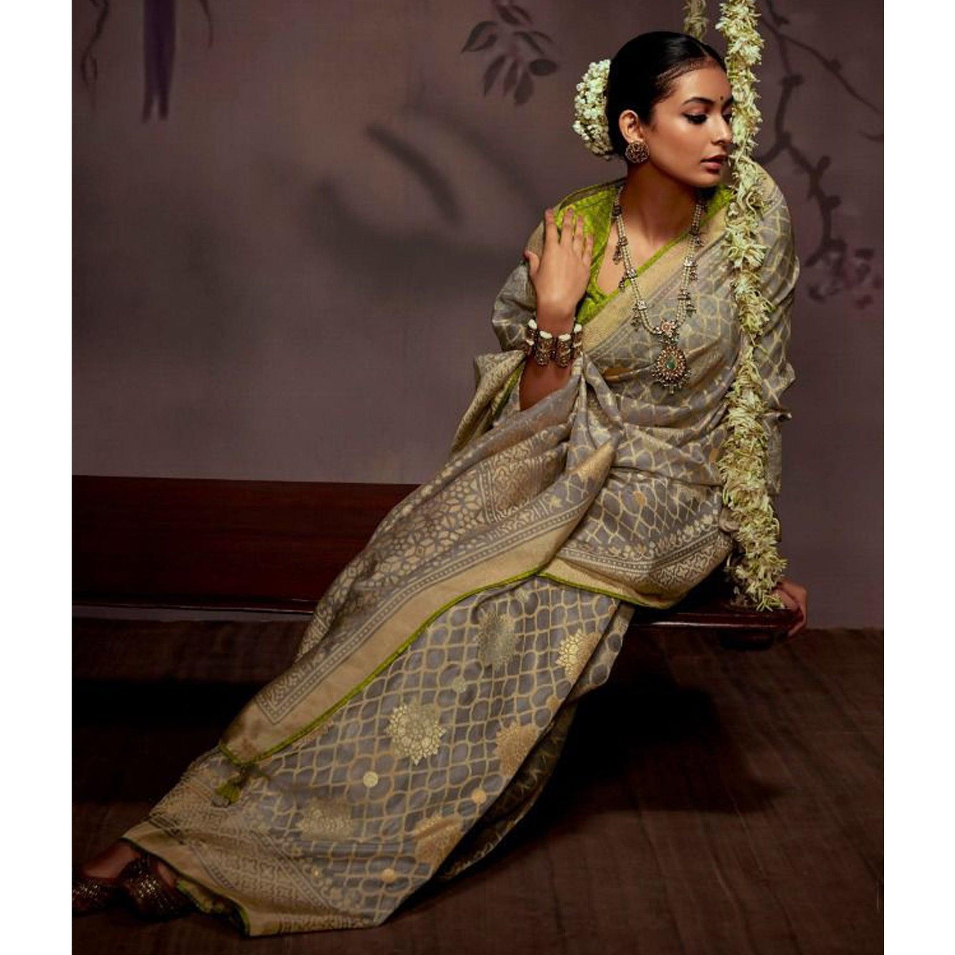 Grey Woven Brasso Saree With Tassels