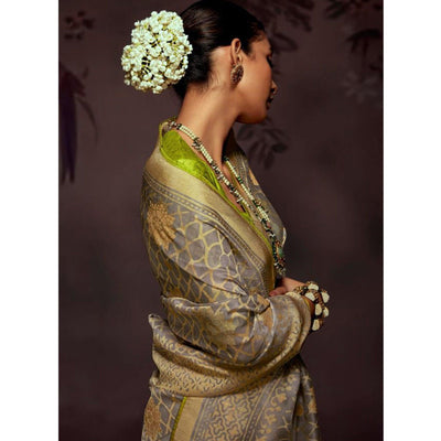 Grey Woven Brasso Saree With Tassels