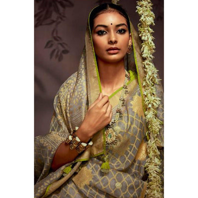 Grey Woven Brasso Saree With Tassels