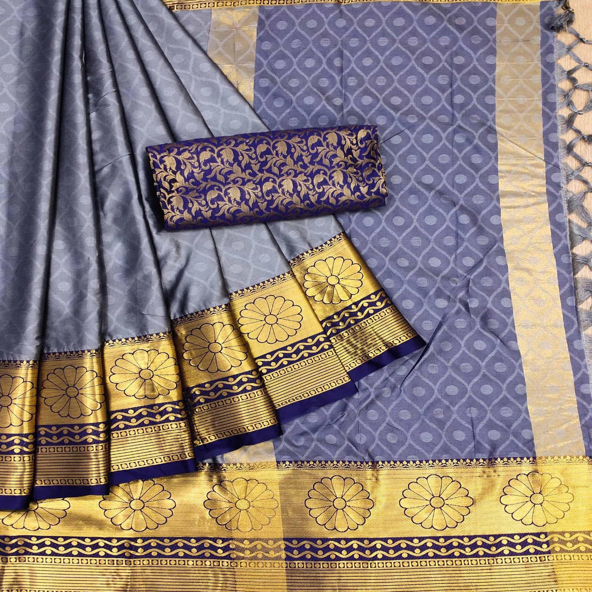 Grey Woven Cotton Silk Saree