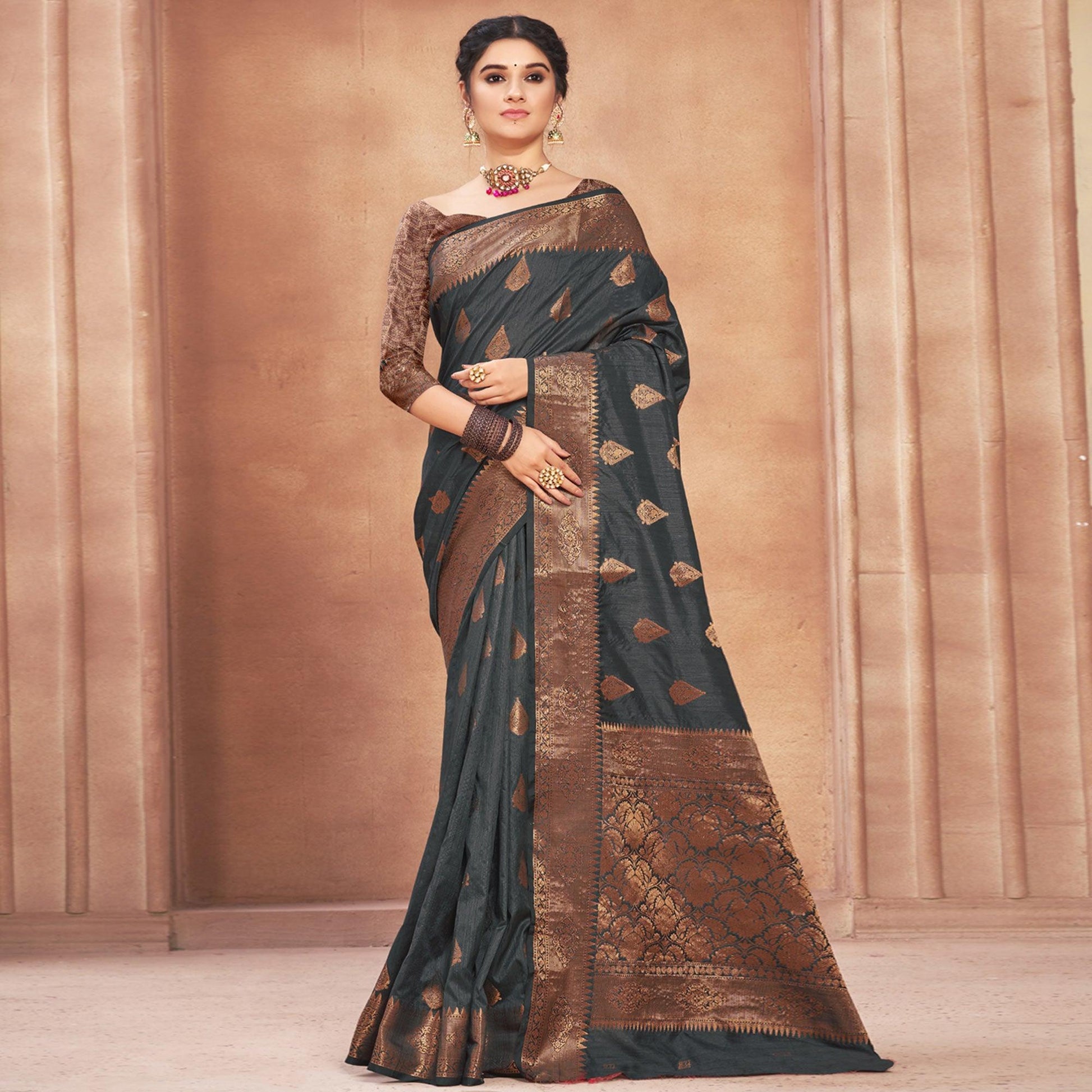 Grey Woven Cotton Silk Saree