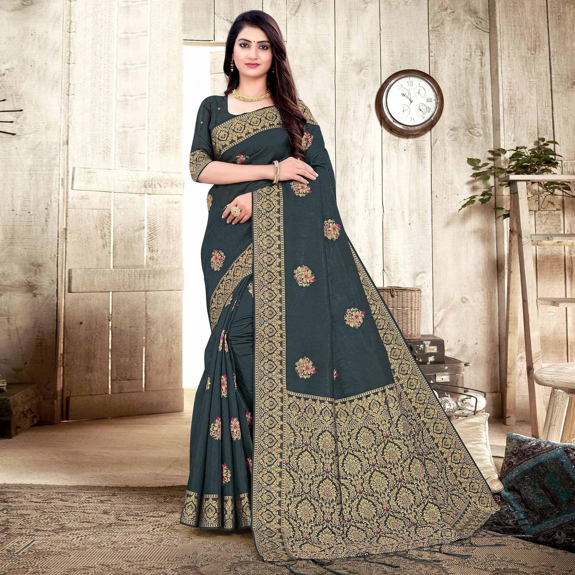 Grey Woven Cotton Silk Saree