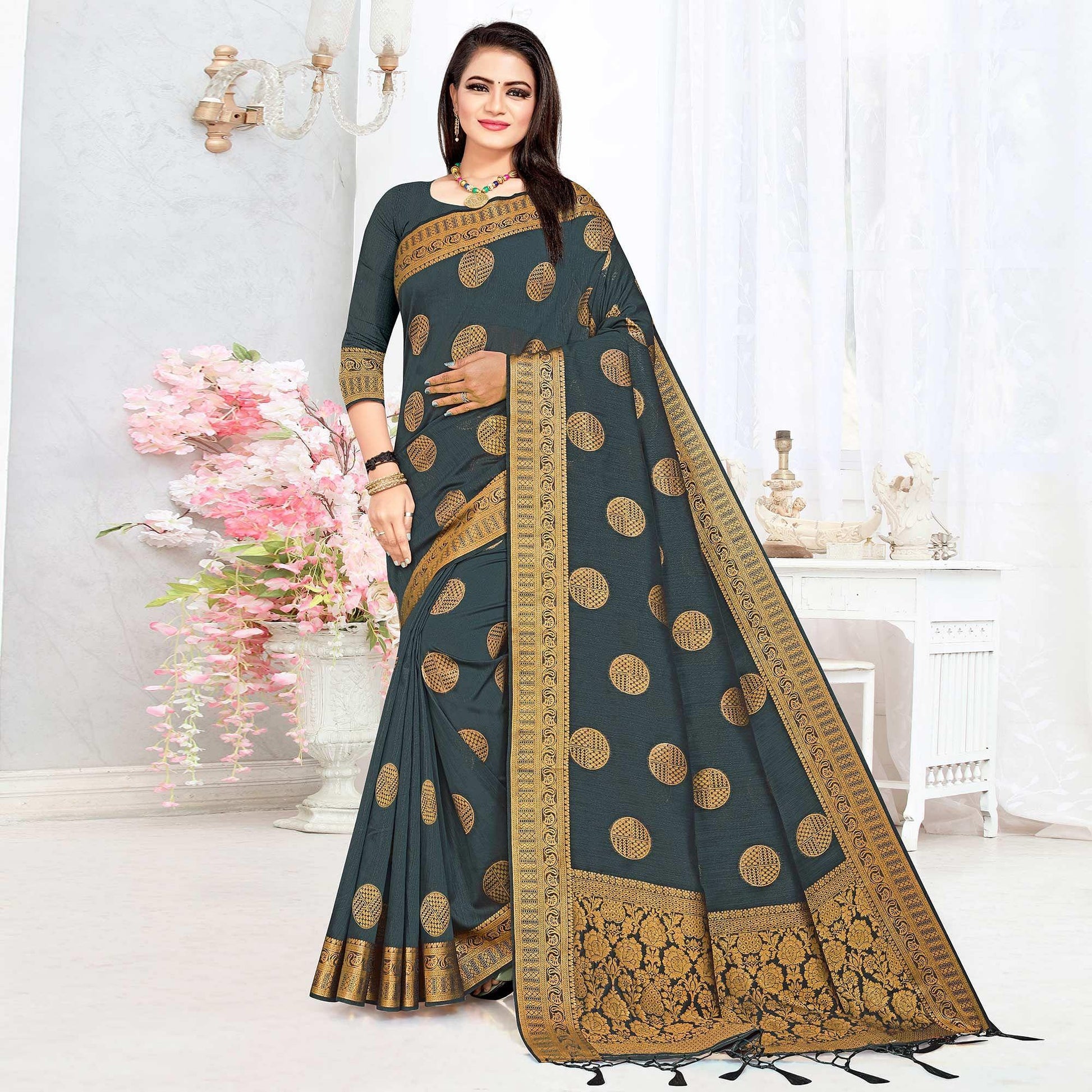 Grey Woven Cotton Silk Saree