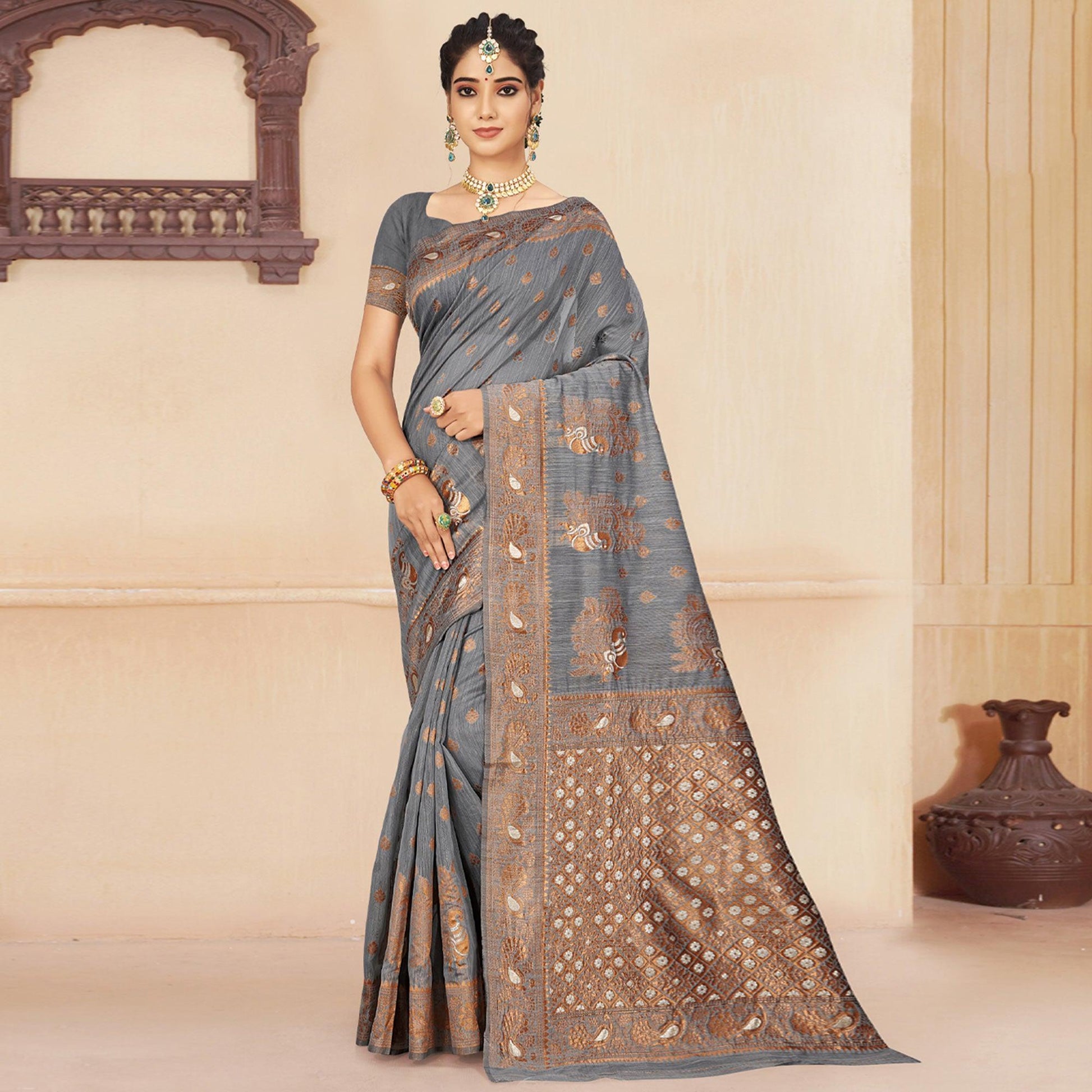 Grey Woven Cotton Silk Saree