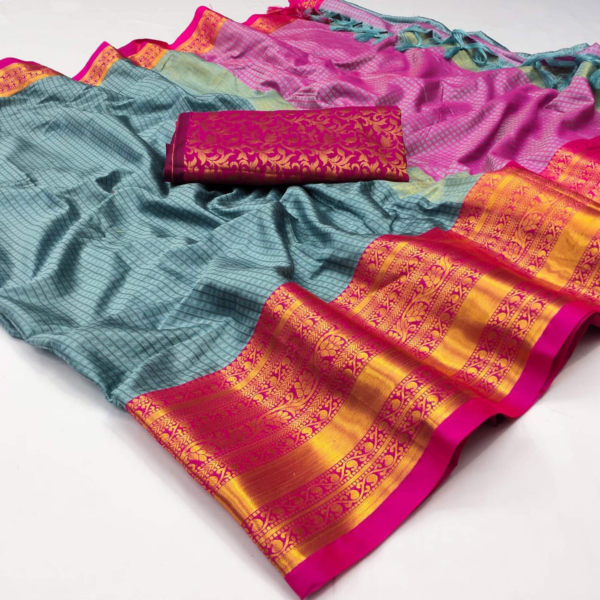 Grey Woven Cotton Silk Saree With Tassels
