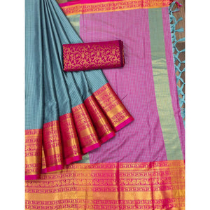 Grey Woven Cotton Silk Saree With Tassels