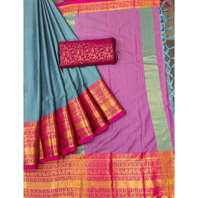 Grey Woven Cotton Silk Saree With Tassels