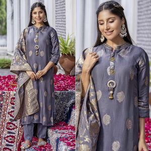 Grey Woven Dola Silk Kurti Pant Set With Dupatta