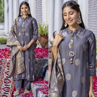 Grey Woven Dola Silk Kurti Pant Set With Dupatta