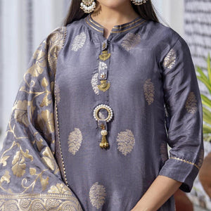 Grey Woven Dola Silk Kurti Pant Set With Dupatta